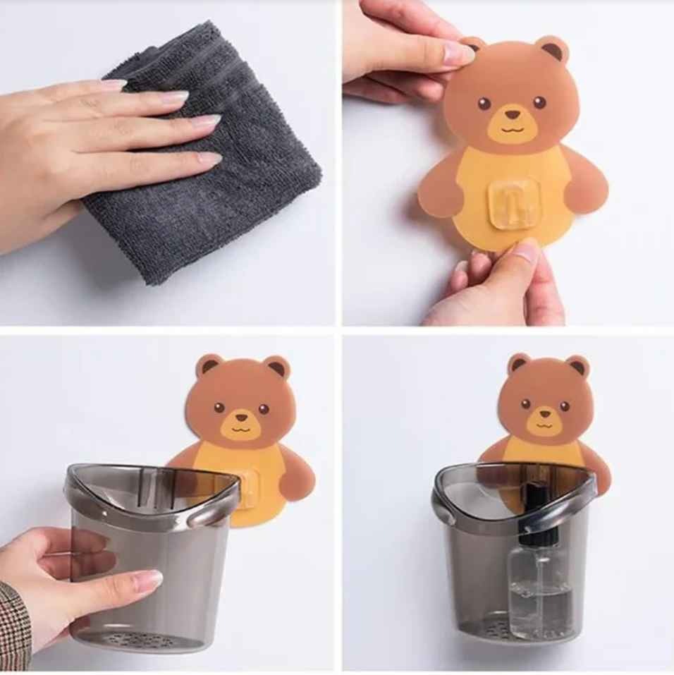 Cartoon Bear Self-Adhesive Toothbrush Holder – Wall Mounted Bathroom Organizer f - Townway product image 4
