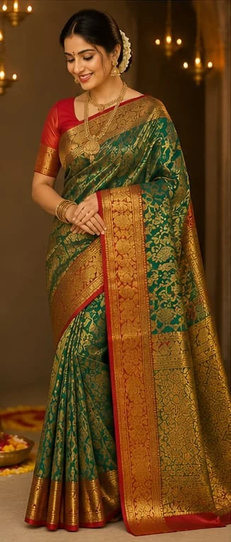 Royal Green With Red Border Kanchipuram Silk Saree - Townway product image 1