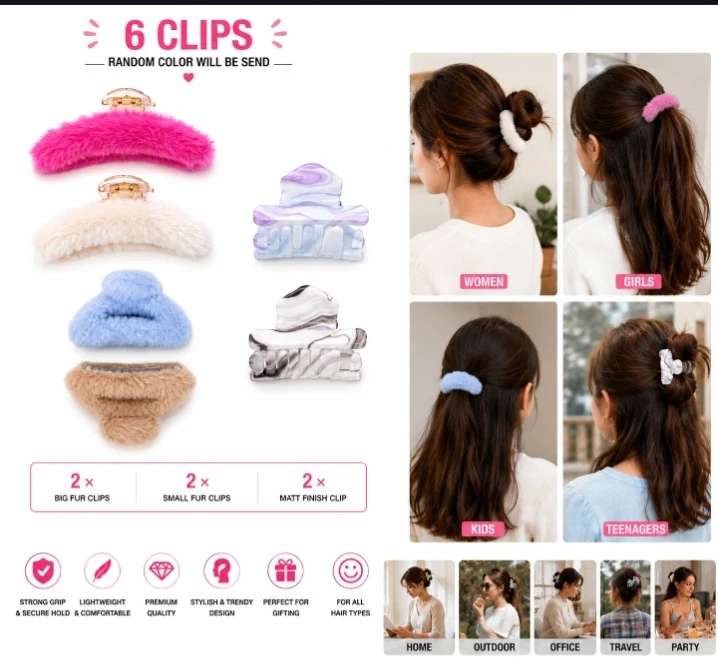6 Pcs Hair Claw Clip Set for Women Girls Floral & Fur Style Combo - Townway product image 1