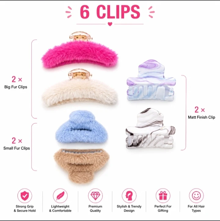 6 Pcs Hair Claw Clip Set for Women Girls Floral & Fur Style Combo - Townway product image 4