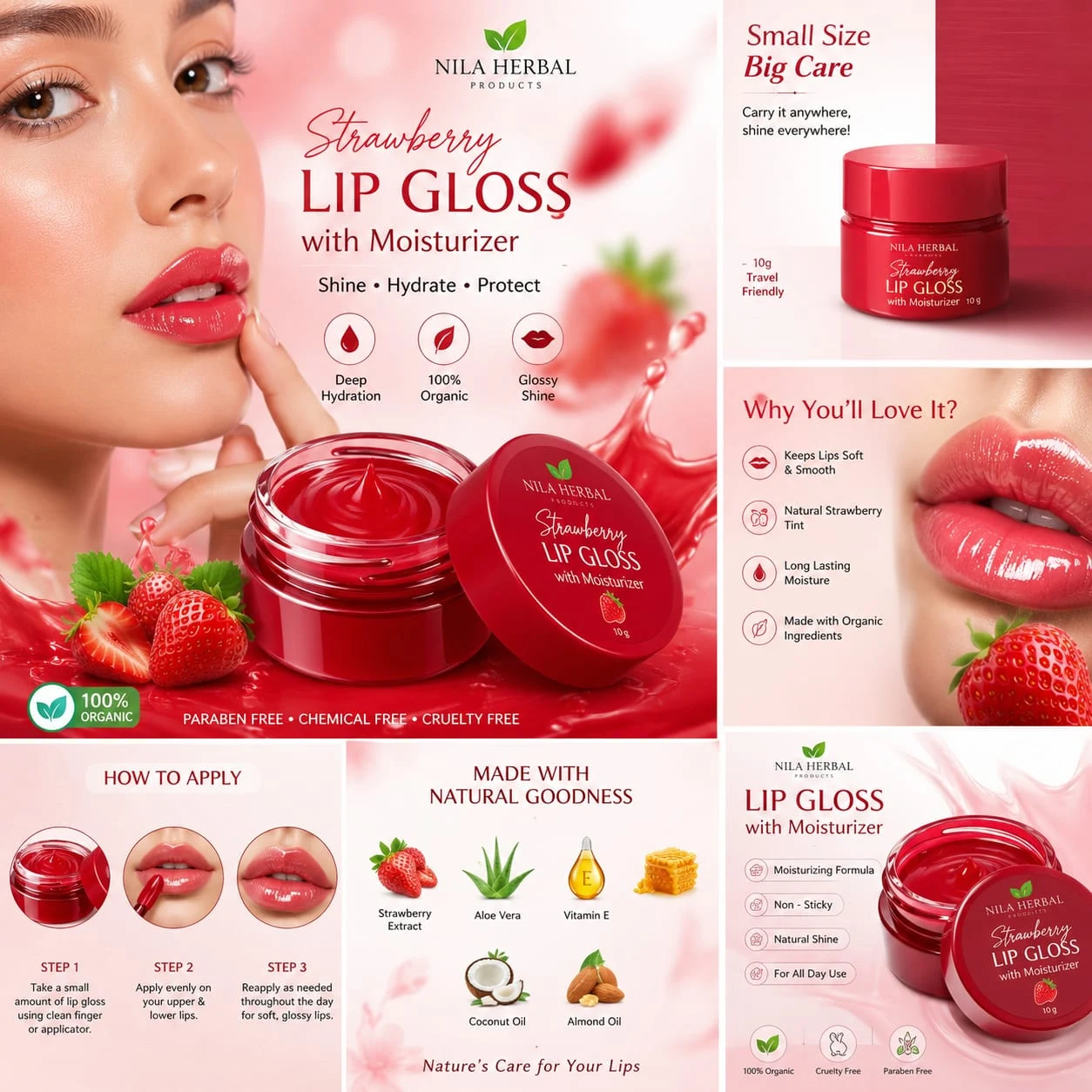 Nila Herbal Strawberry Lip Gloss with Moisturizer 10g - Townway product image 1
