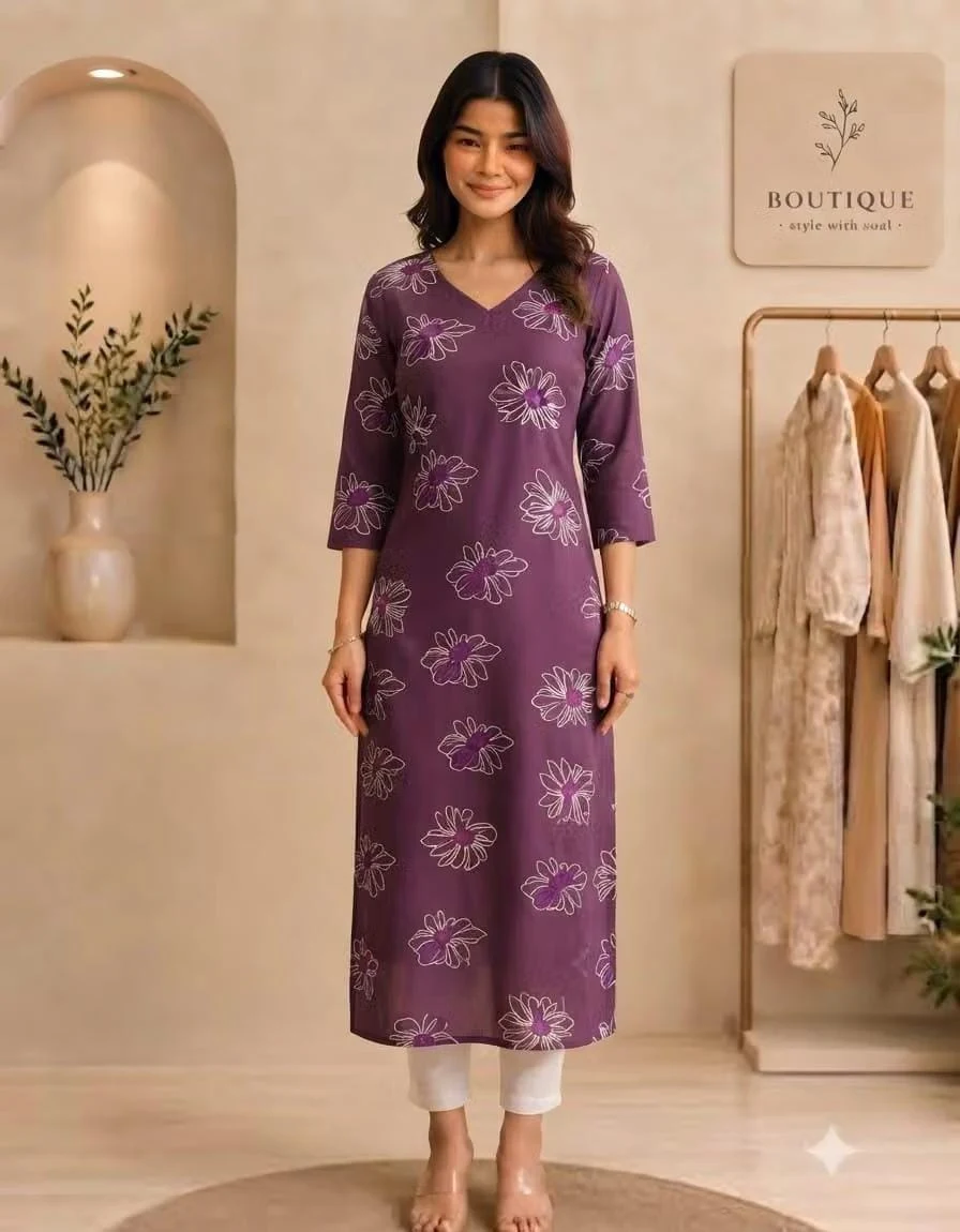Women’s Printed Rayon V-Neck 3/4 Sleeve Straight Kurta - Townway product image 1