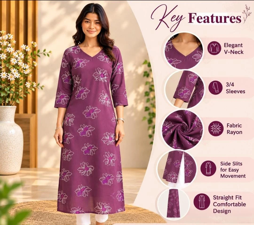 Women’s Printed Rayon V-Neck 3/4 Sleeve Straight Kurta - Townway product image 2