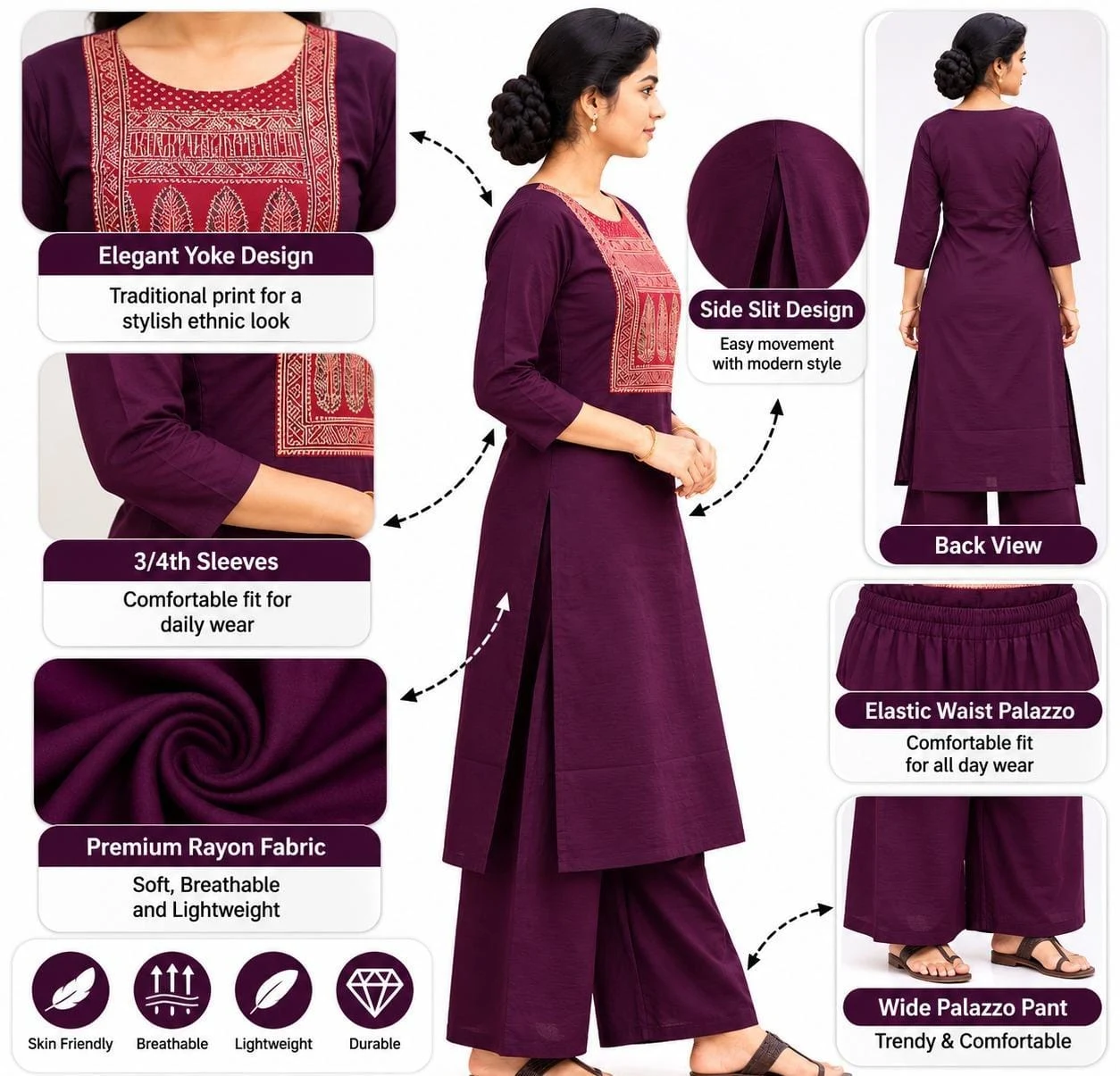 Women’s Purple Leaf Motif Printed Yoke Kurta with Palazzo Set – 3/4 Sleeve Ethni - Townway product image 2