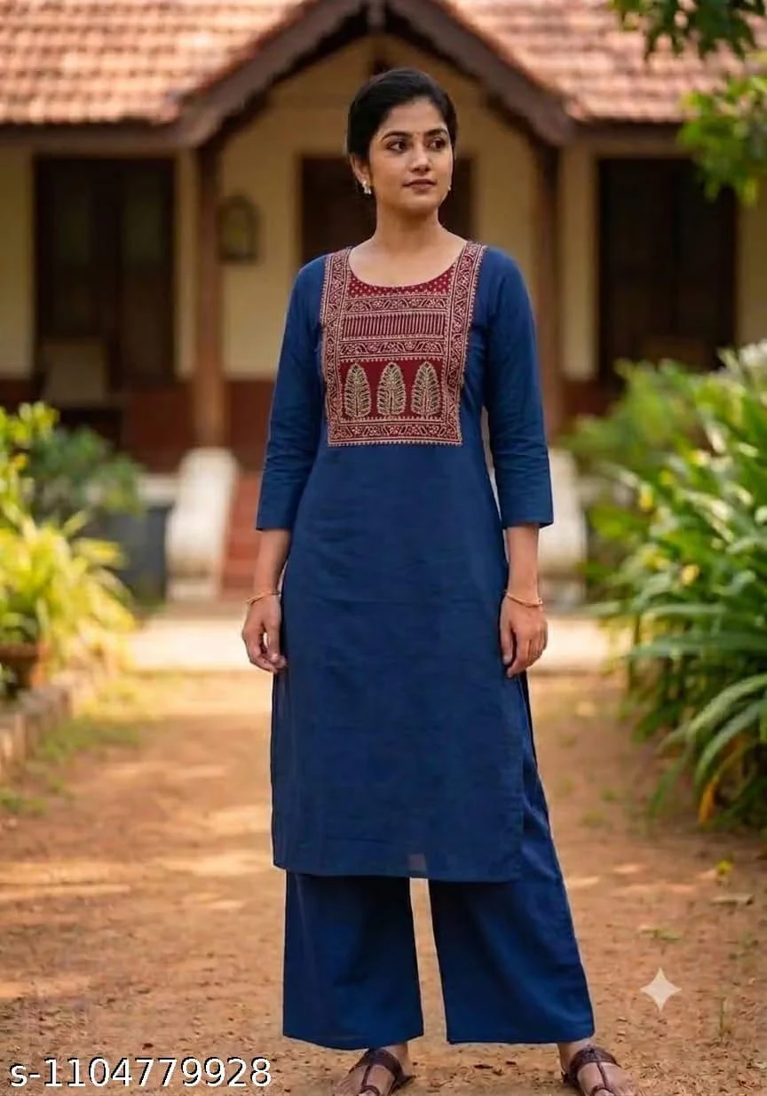 Women’s Purple Leaf Motif Printed Yoke Kurta with Palazzo Set – 3/4 Sleeve Ethni - Townway product image 1