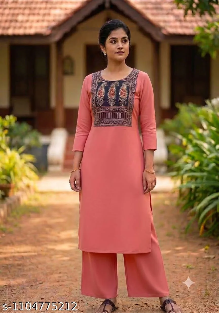 Women’s Purple Leaf Motif Printed Yoke Kurta with Palazzo Set – 3/4 Sleeve Ethni - Townway product image 1