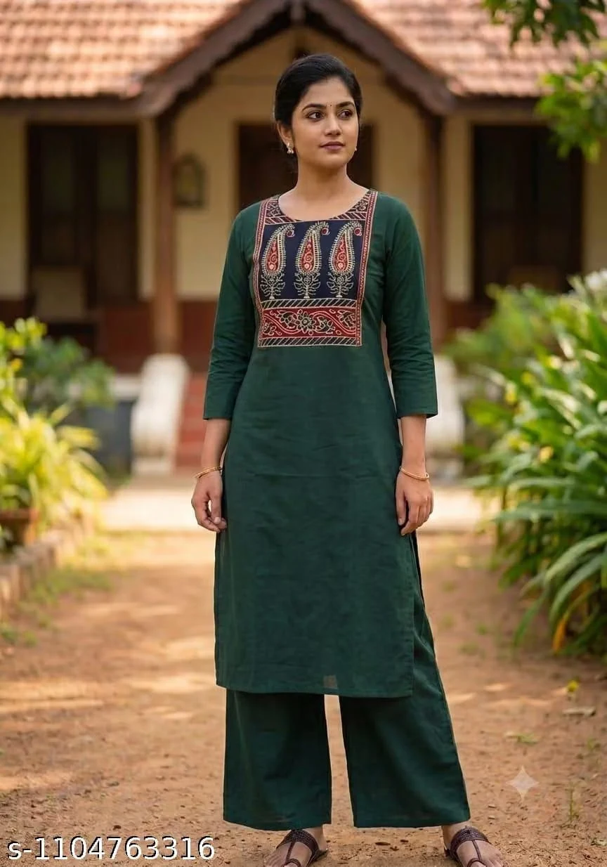 Women’s Purple Leaf Motif Printed Yoke Kurta with Palazzo Set – 3/4 Sleeve Ethni - Townway product image 1
