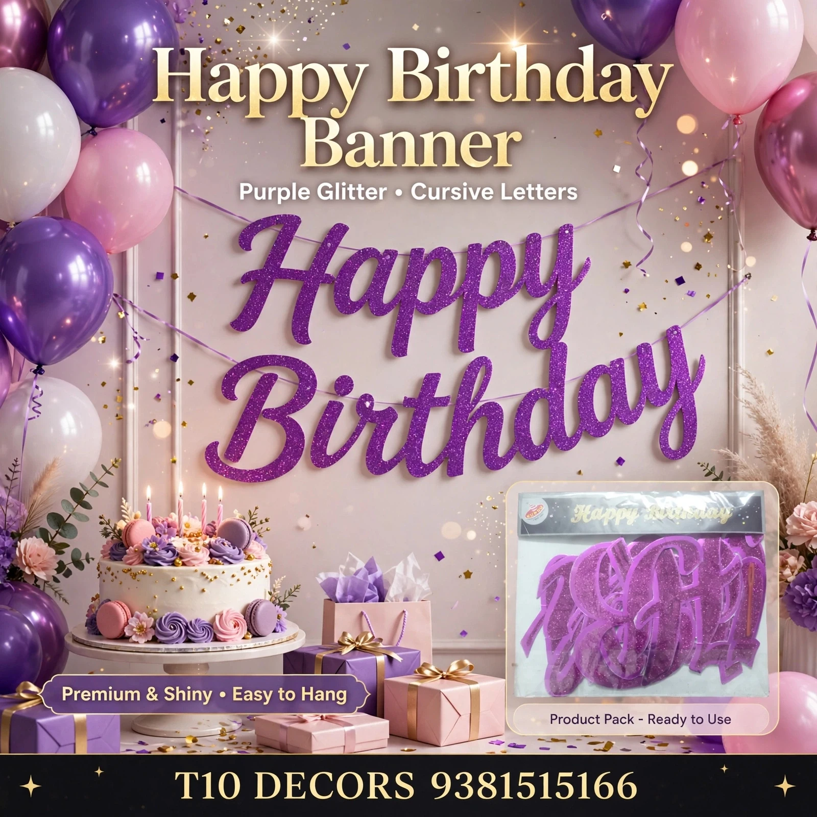 T10 - Happy Birthday Banner -  Glitter - Cursive Letters - Townway product image 1