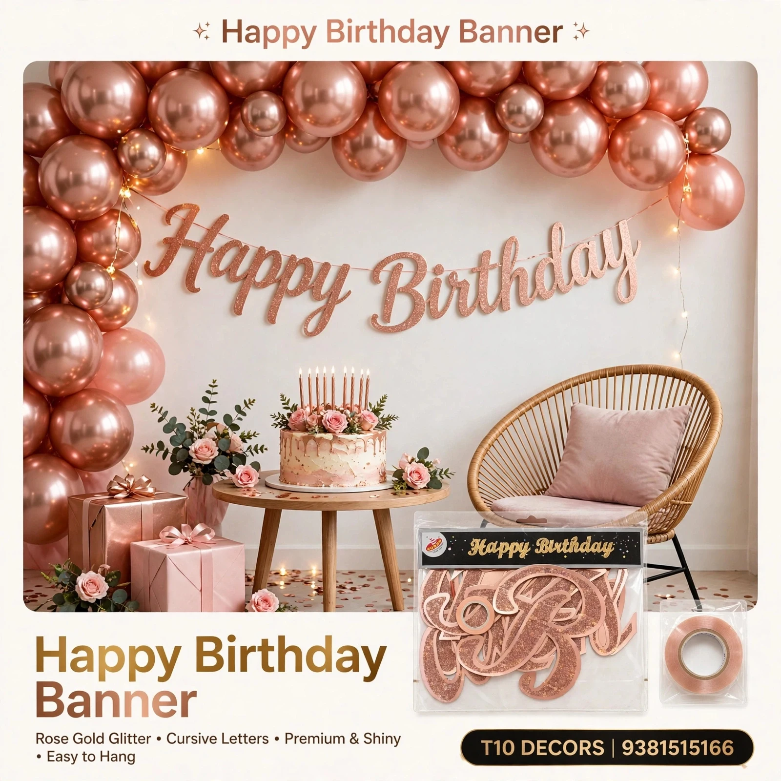 T10 - Happy Birthday Banner -  Glitter - Cursive Letters - Townway product image 2