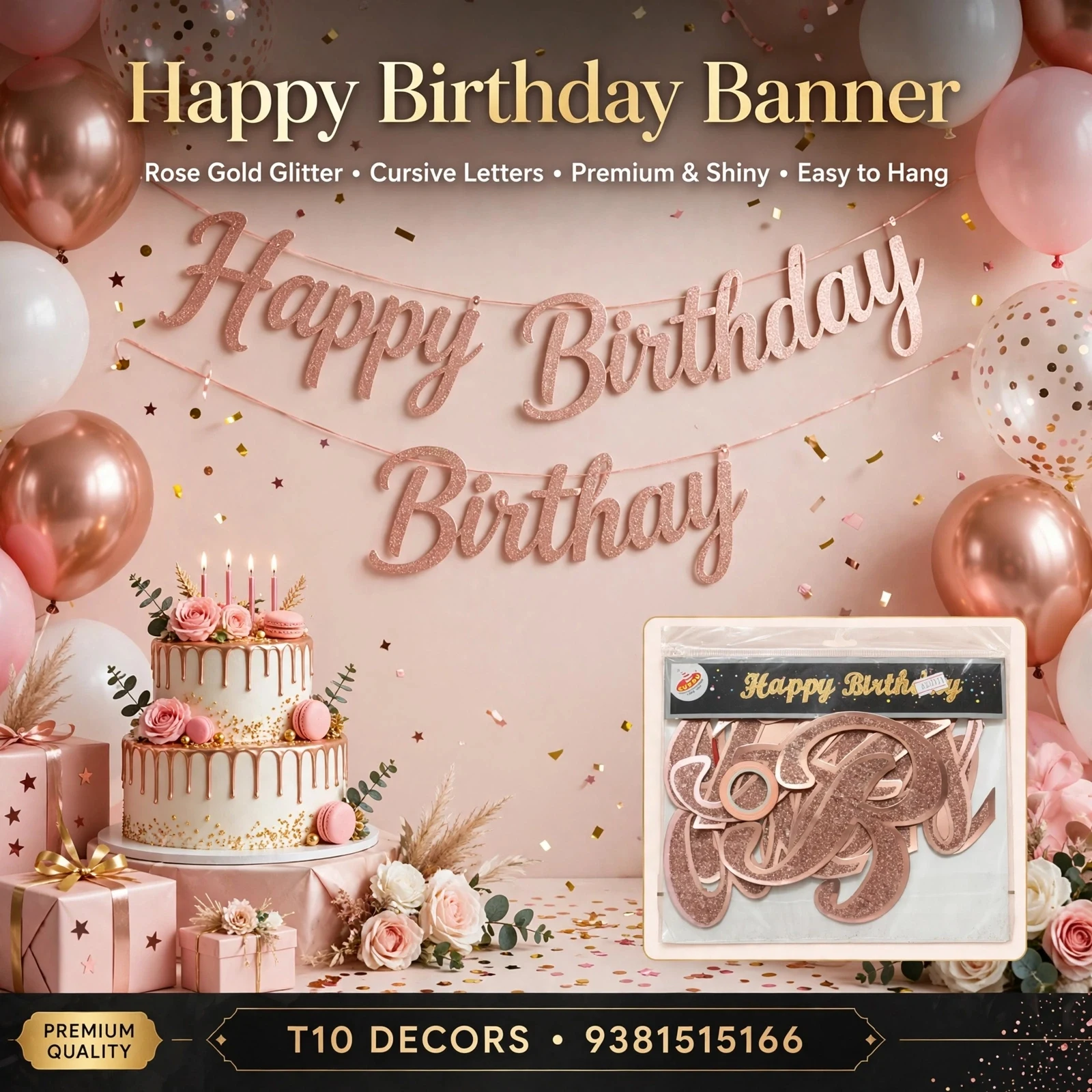 T10 - Happy Birthday Banner -  Glitter - Cursive Letters - Townway product image 4