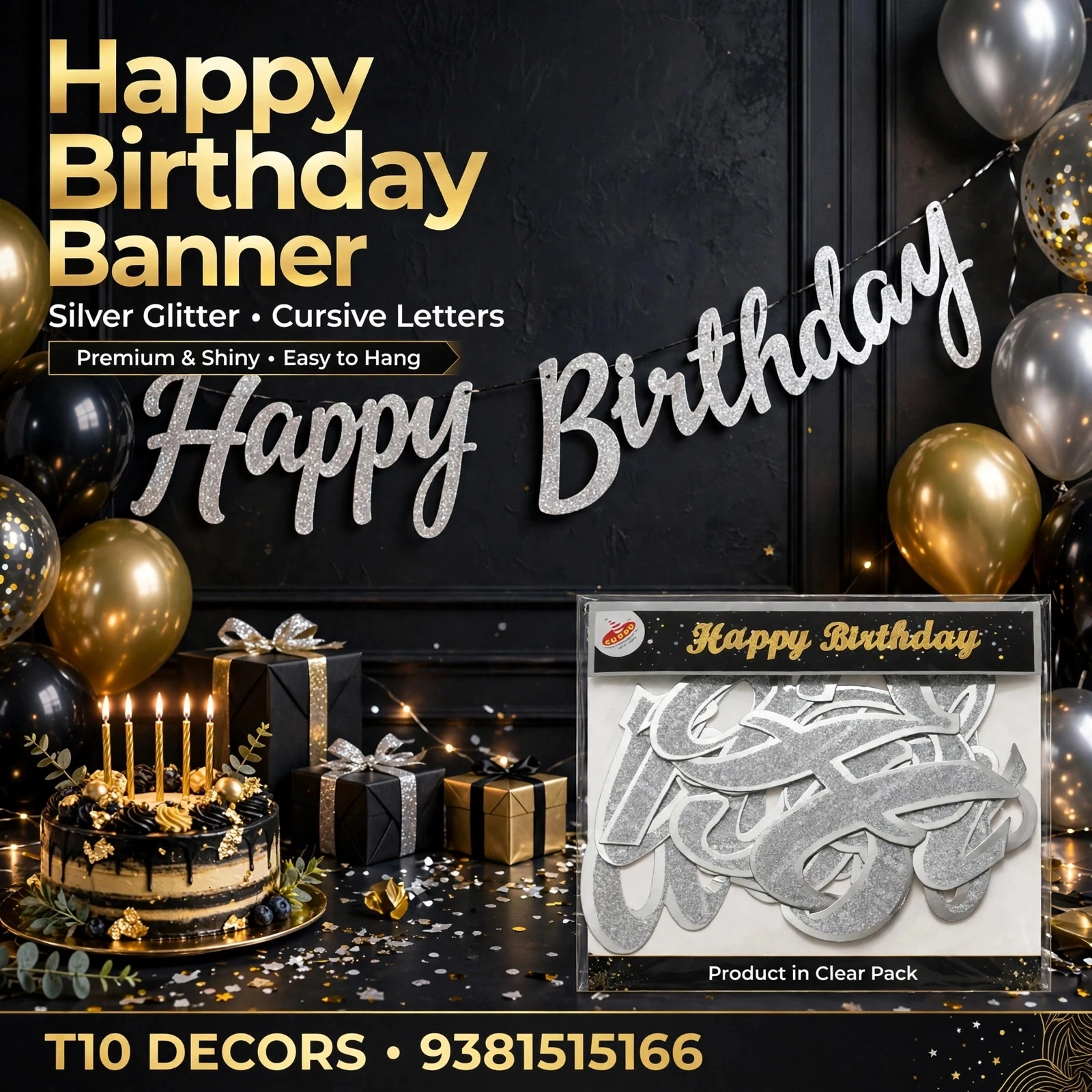 T10 - Happy Birthday Banner -  Glitter - Cursive Letters - Townway product image 5