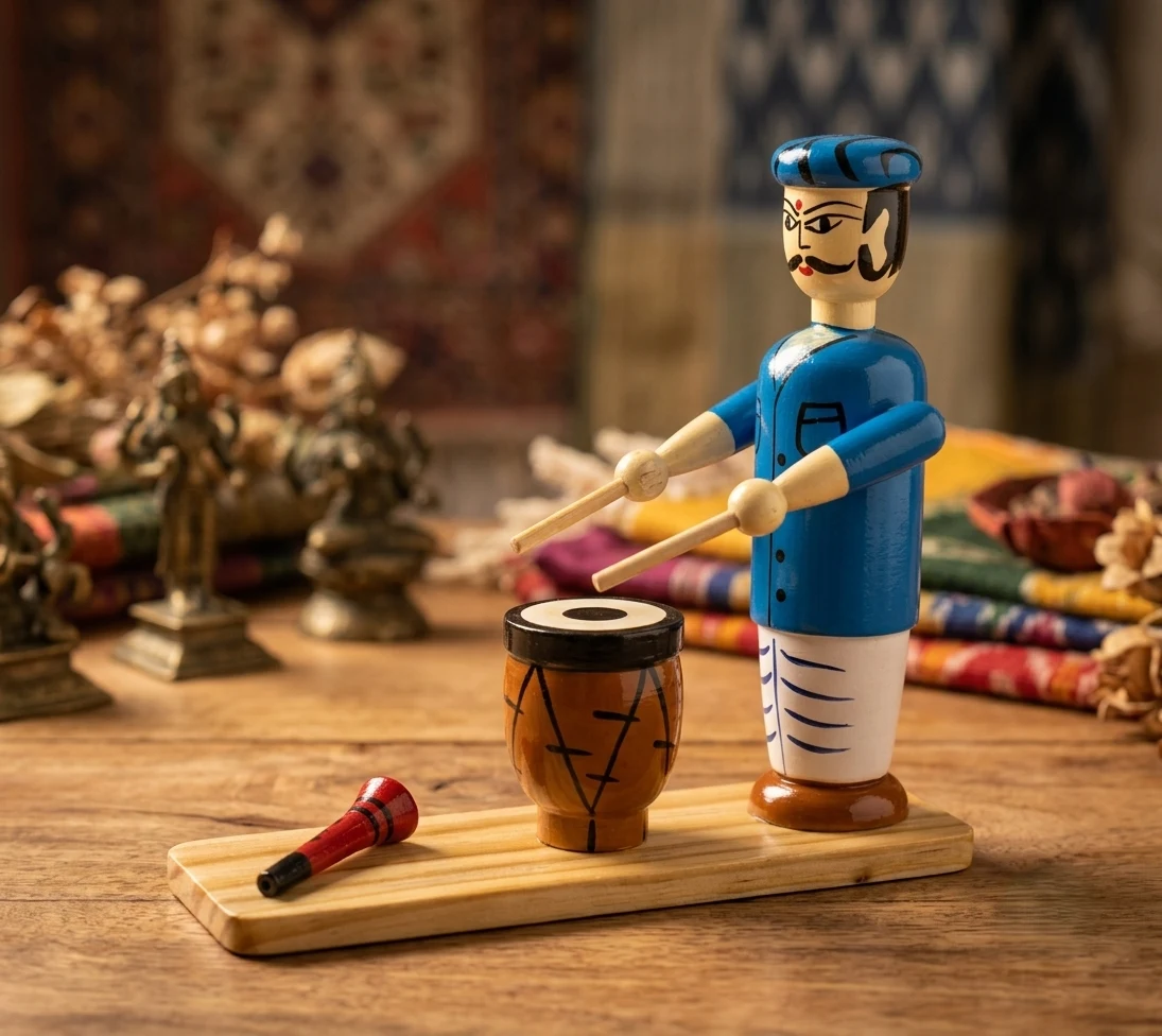 Handcrafted Channapatna Wooden Musician Doll with Drum | Traditional Folk Musici - Townway product image 1