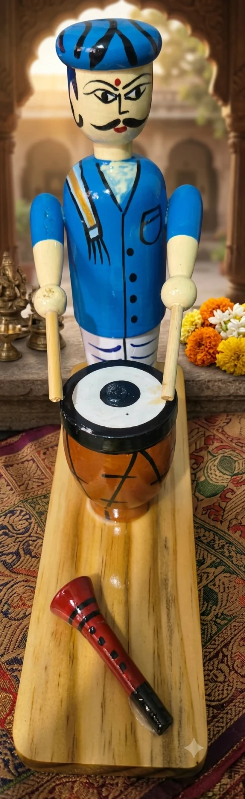 Handcrafted Channapatna Wooden Musician Doll with Drum | Traditional Folk Musici - Townway product image 2