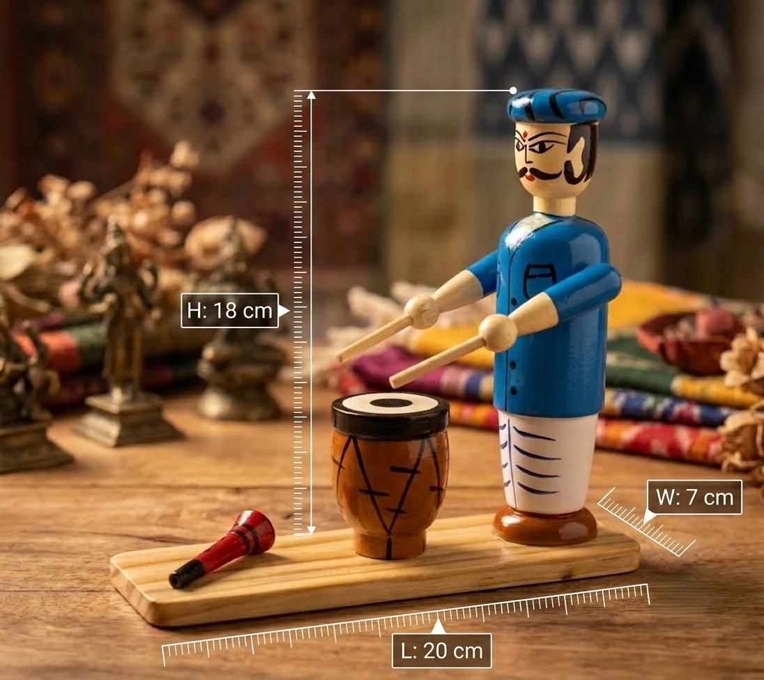 Handcrafted Channapatna Wooden Musician Doll with Drum | Traditional Folk Musici - Townway product image 4