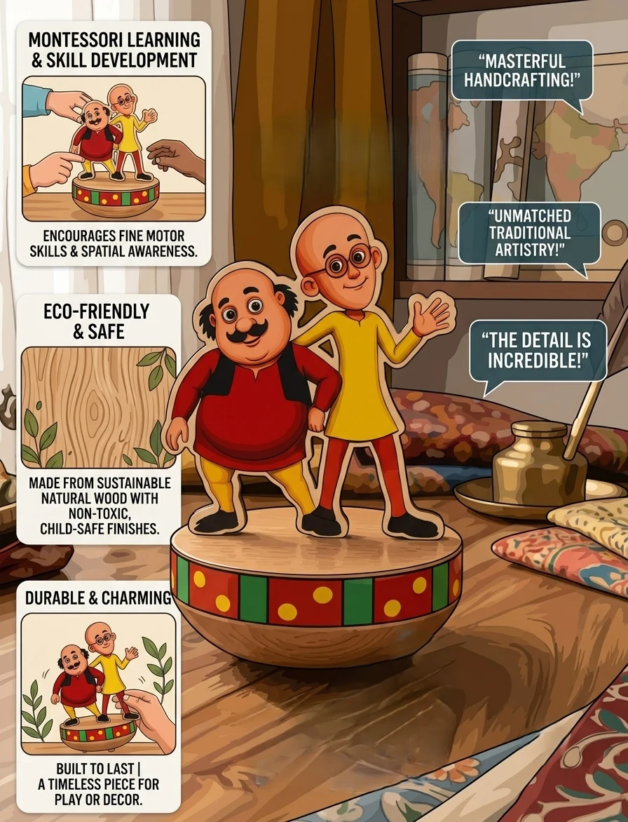 Handcrafted Wooden Motu Patlu Roly Poly Wobble Toy | Eco-Friendly Self-Balancing - Townway product image 2