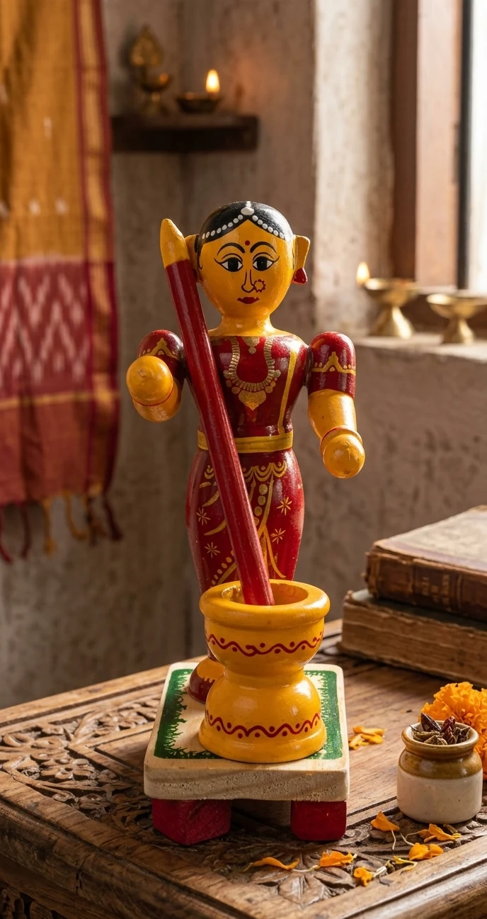 Handcrafted Wooden Traditional Village Woman with Mortar & Pestle Showpiece | In - Townway product image 1