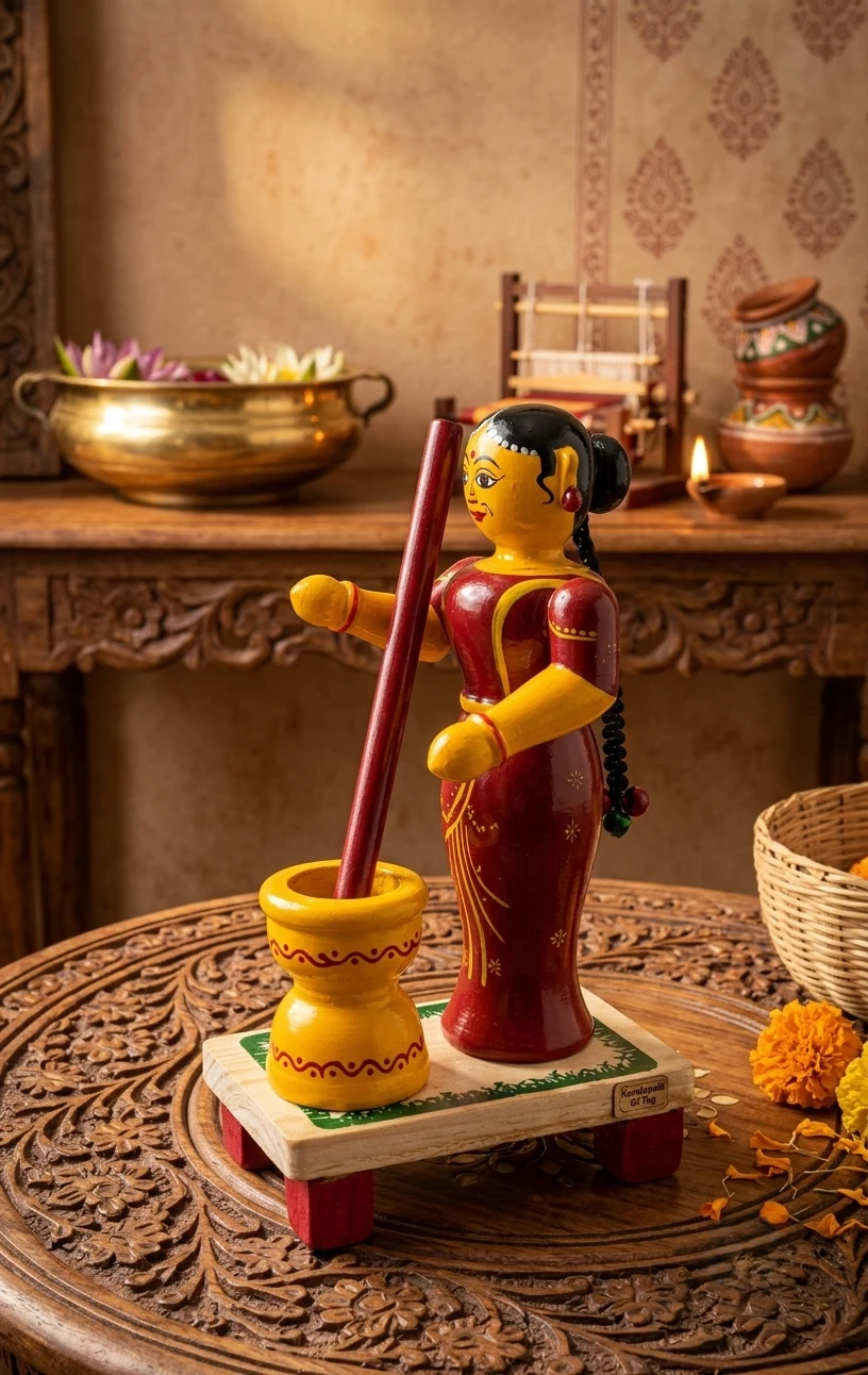 Handcrafted Wooden Traditional Village Woman with Mortar & Pestle Showpiece | In - Townway product image 2