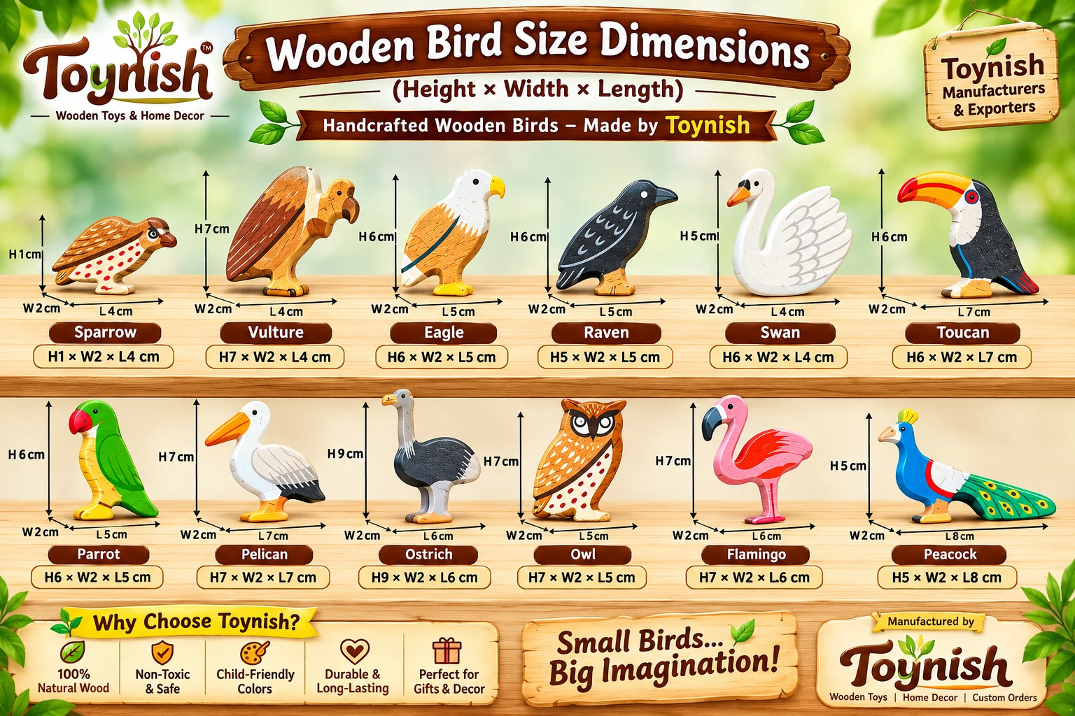Toynish Handcrafted Wooden Bird Figurines Set (Pack of 12) – Double-Sided Painte - Townway product image 4
