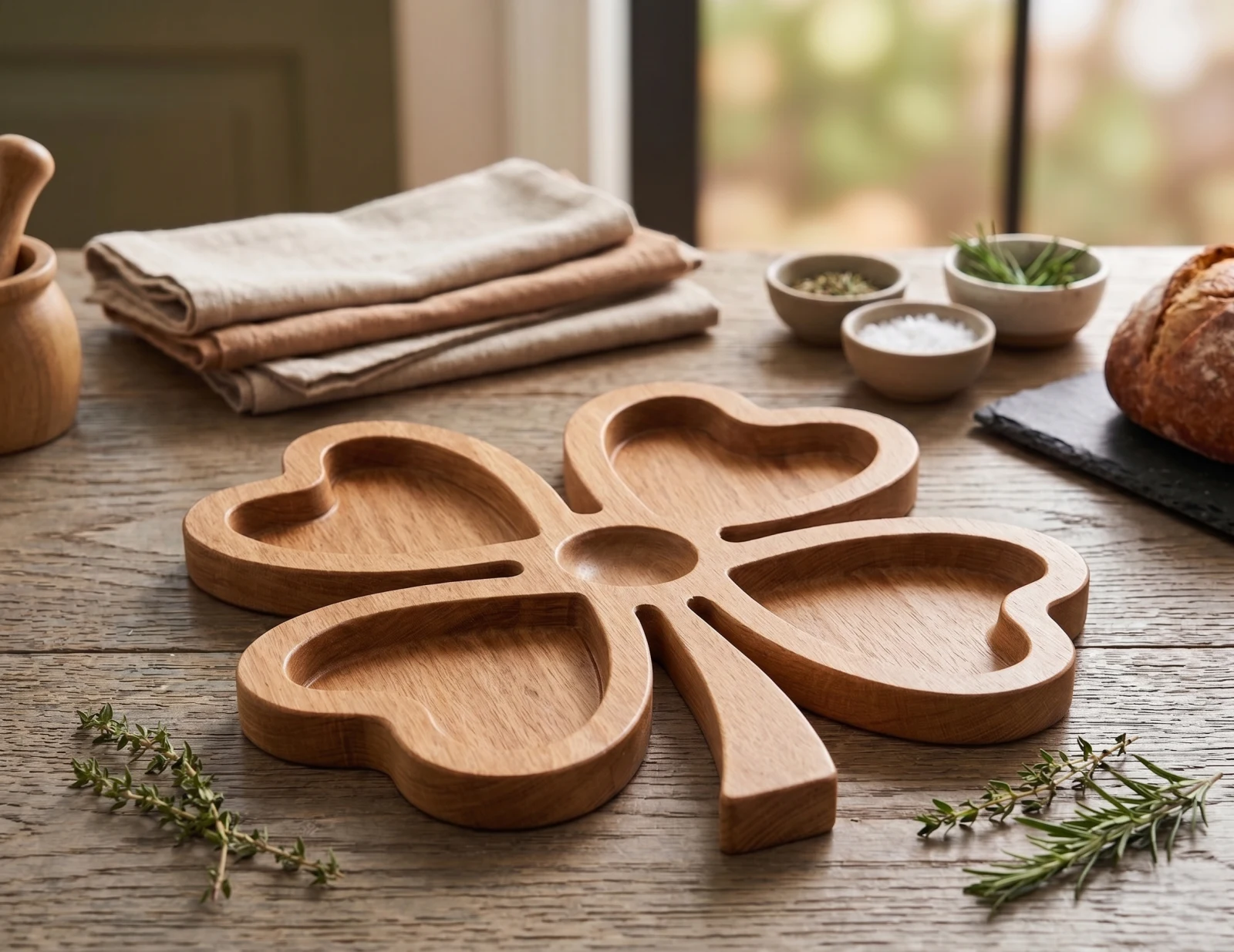 Handcrafted Wooden 4-Leaf Clover Serving Platter & Snack Tray | Multi-Compartmen - Townway product image 1