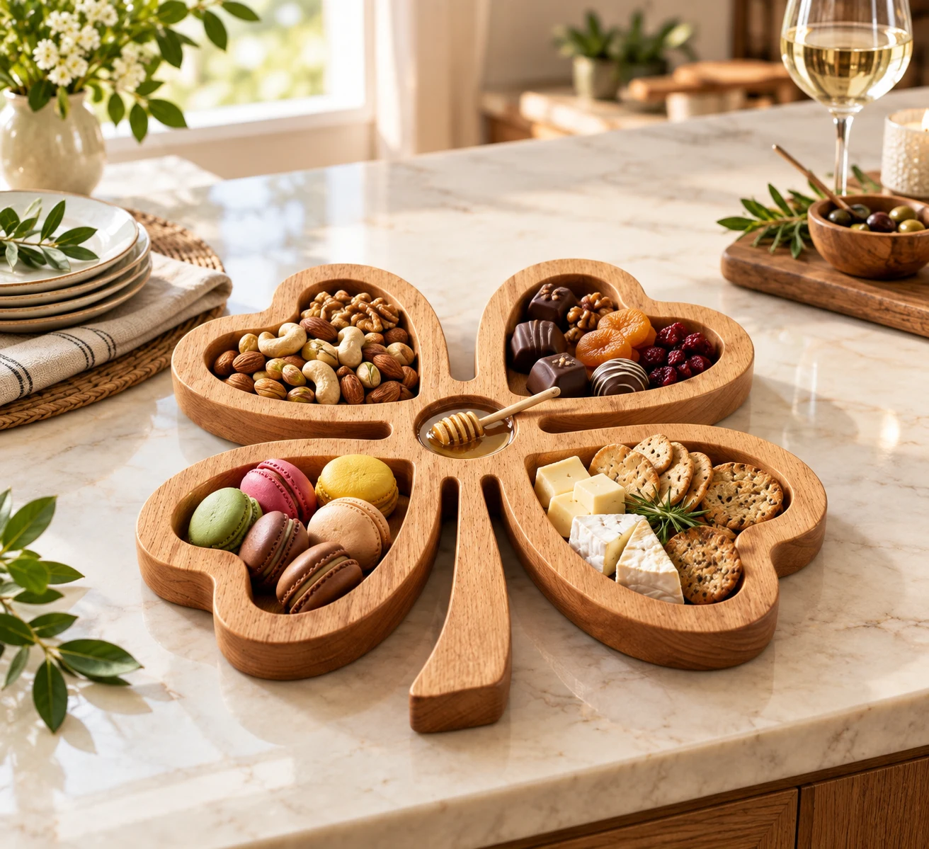 Handcrafted Wooden 4-Leaf Clover Serving Platter & Snack Tray | Multi-Compartmen - Townway product image 4