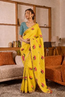 PEACOCK DESIGNED LINEN COTTON YELLOW SAREE