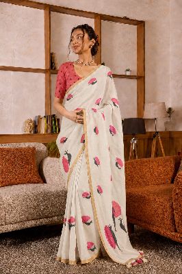 PEACOCK DESIGNED LINEN COTTON WHITE SAREE