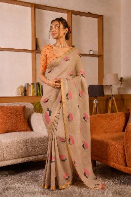 PEACOCK DESIGNED LINEN COTTON GOLDEN COLOUR SAREE
