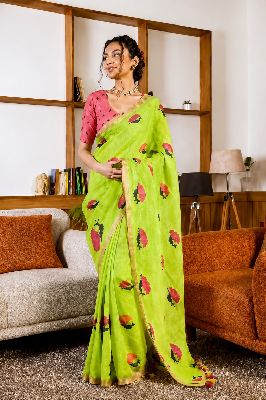 PEACOCK DESIGNED LINEN COTTON LIGHT GREEN SAREE