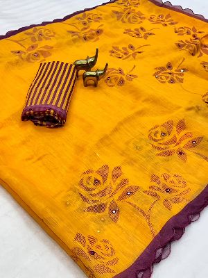 PREMIUM LENIN YELLOW COTTON SAREE
