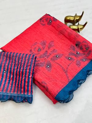 PREMIUM LENIN PINK COTTON SAREE
