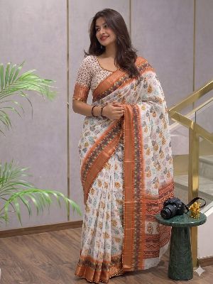 LENIN COTTON SAREE WHITE WITH COLOUR