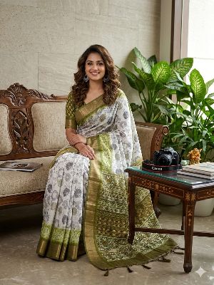 LENIN COTTON SAREE WHITE WITH COLOUR