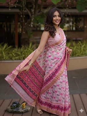 LENIN COTTON SAREE WHITE WITH COLOUR