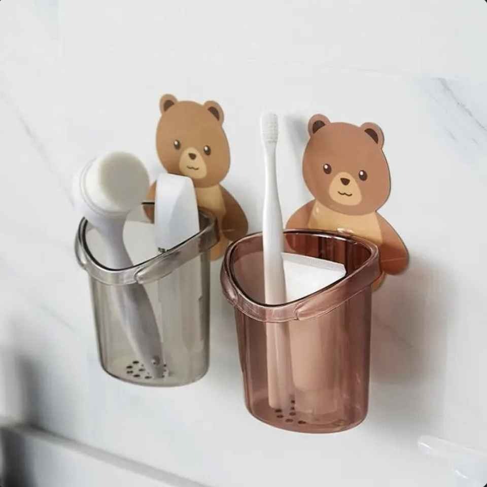 Cartoon Bear Self-Adhesive Toothbrush Holder – Wall Mounted Bathroom Organizer f