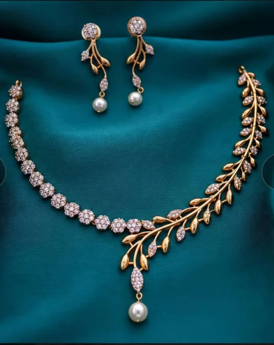 Fancy White Stoned Necklace with Earring Set