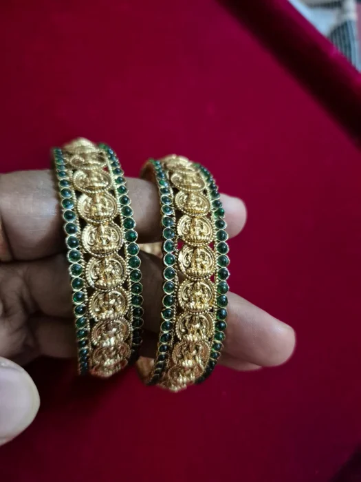 Green stone mahalakshmi kundan bangle pair