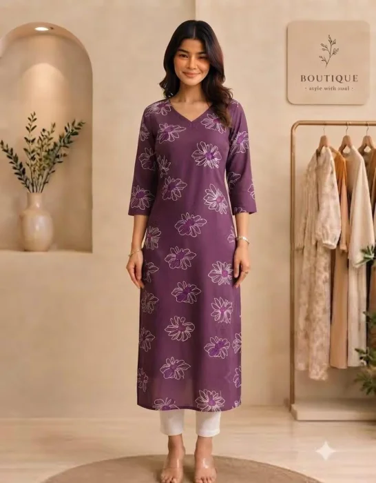 Women’s Printed Rayon V-Neck 3/4 Sleeve Straight Kurta