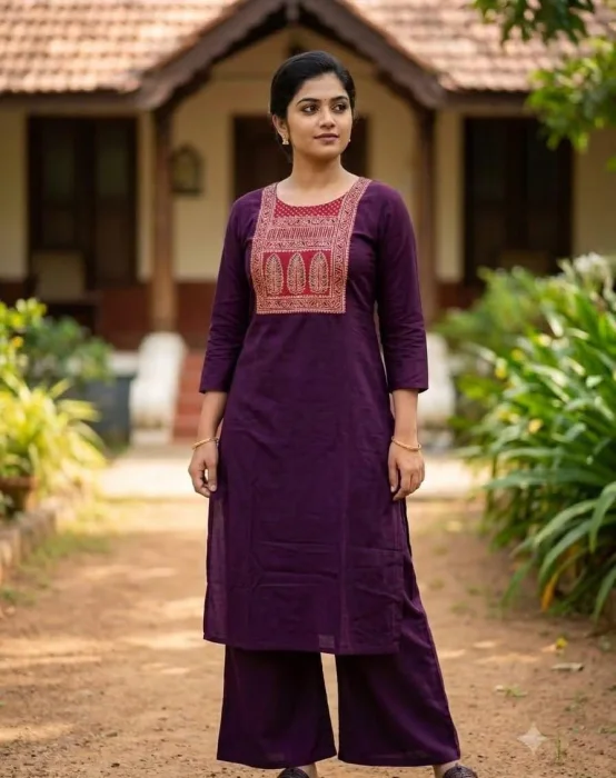 Women’s Purple Leaf Motif Printed Yoke Kurta with Palazzo Set – 3/4 Sleeve Ethni