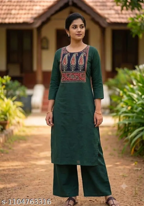 Women’s Purple Leaf Motif Printed Yoke Kurta with Palazzo Set – 3/4 Sleeve Ethni