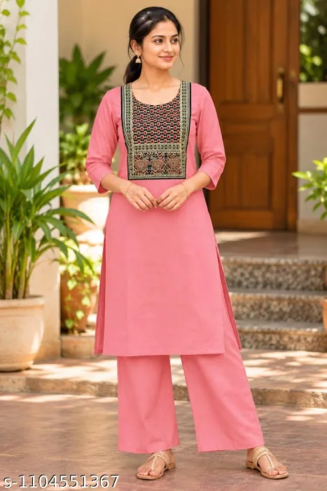 Women’s Purple Leaf Motif Printed Yoke Kurta with Palazzo Set – 3/4 Sleeve Ethni