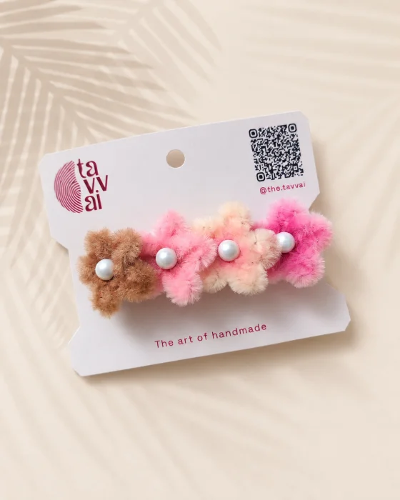 Handmade Fuzzy Flower Hair Clip (Gradient Pink & Brown)