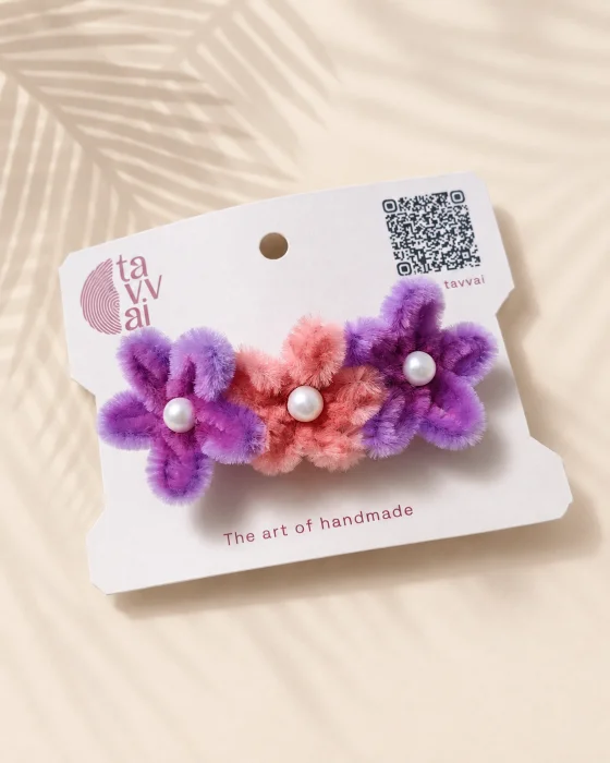Handmade Fuzzy Flower Hair Clip (Purple and Peach)