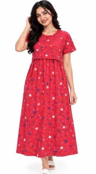 Women Cotton Printed Zipless Feeding Nighty
