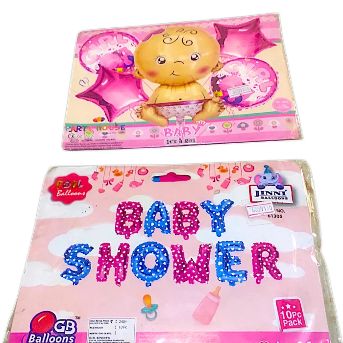 T10 - Baby Shower Foil Balloon Banner - 10 Letters | Pink & Blue with Heart Prin