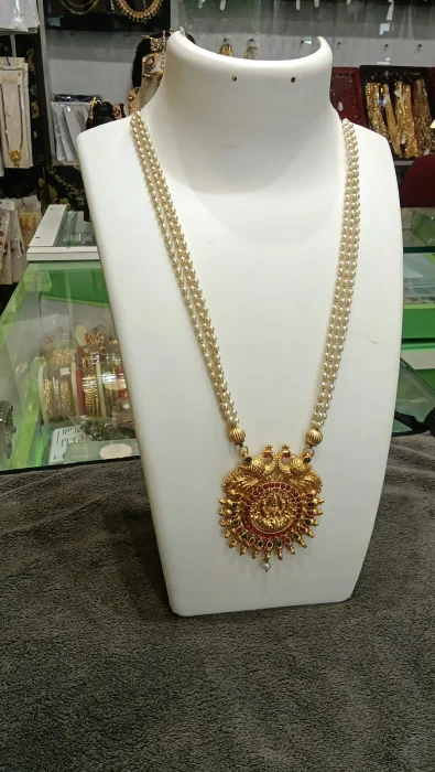 Accent Three Line Pearl Necklace with Lakshmi Pendent
