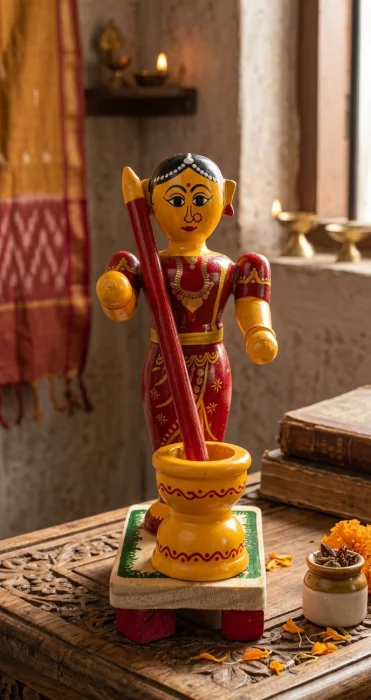 Handcrafted Wooden Traditional Village Woman with Mortar & Pestle Showpiece | In