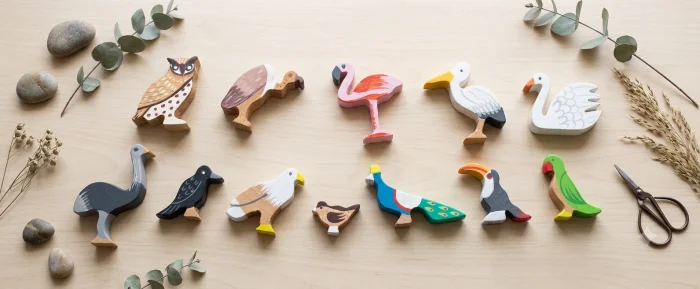 Toynish Handcrafted Wooden Bird Figurines Set (Pack of 12) – Double-Sided Painte